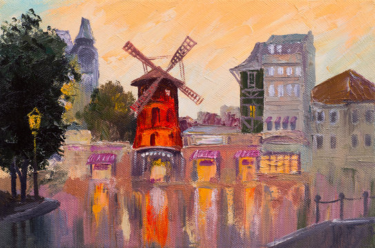 Oil painting cityscape - Moulin rouge, Paris, France