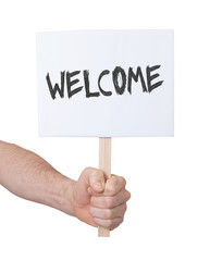 Hand holding sign, isolated on white