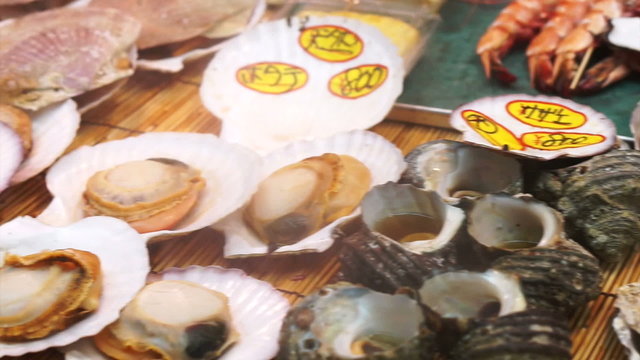 Japanese variety  food in action, chef cooking fresh cut scene 