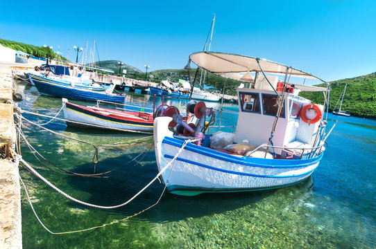 Fishermen boats at Kalamitsi harbor in Sithonia, Greece