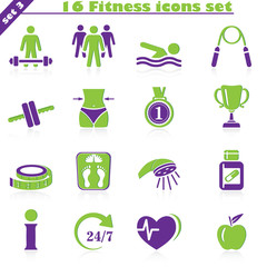 Fitness icons set, vector set of 16 fitness signs.