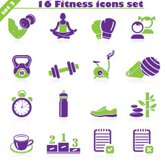 Fitness icons set 1, vector set of 16 fitness signs.