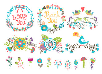 Hand drawn wedding graphic. Flowers and wreaths for invitations