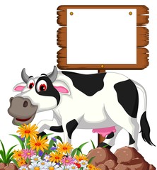 cow cartoon posing with blank sign