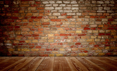 Conceptual old vintage brick wall and wood floor