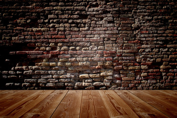 Conceptual old vintage brick wall and wood floor