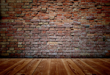 Conceptual old vintage brick wall and wood floor