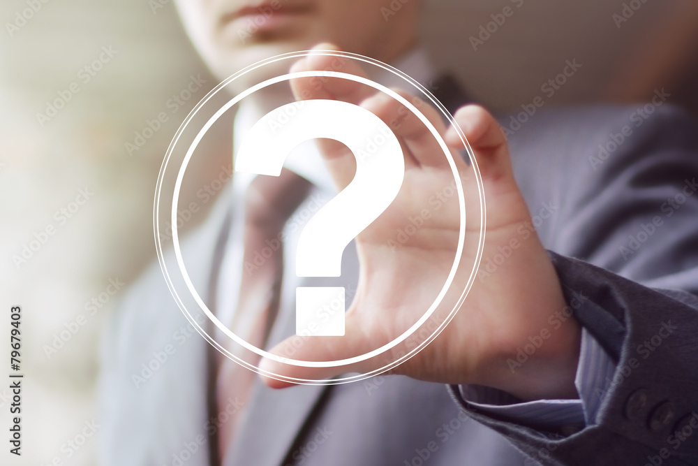 Poster businessman touch button interface question icon web