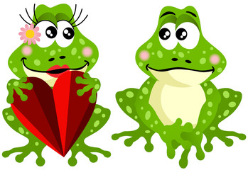 Frog couple holding red heart