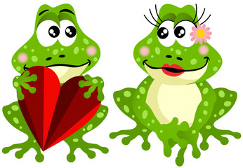 Naklejka premium Cute frog couple holding red heart