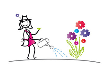 Frau beim Giessen - bunte Blume, Hobbygärtnerin mit grünem Daumen, Gärtnerin als Strichfigur, vektor, isoliert