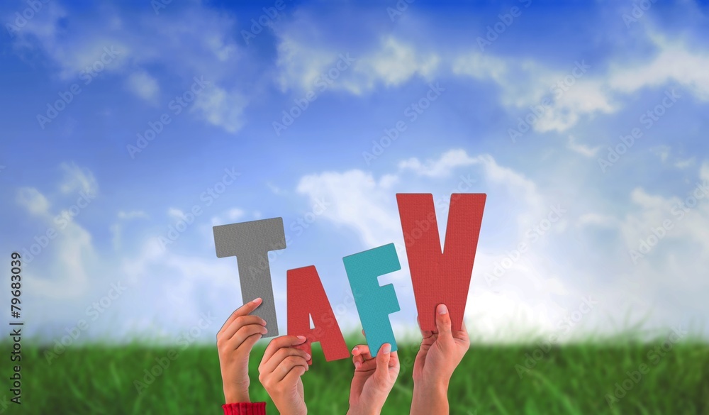 Poster composite image of hands holding up tafv