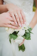 Obraz na płótnie Canvas Bride's and groom's hand with wedding rings