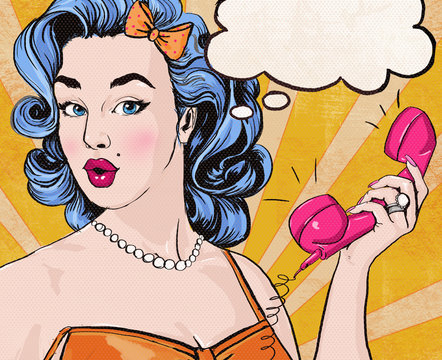 Pop Art girl with  speech bubble and retro telephone.