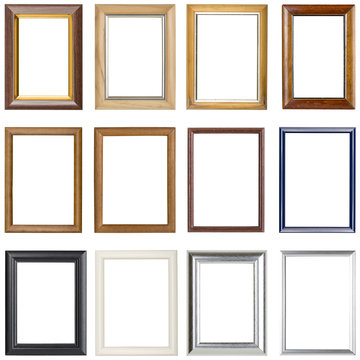 collection of wooden picture frames, isolated on white