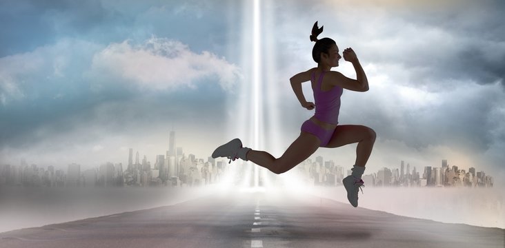 Composite image of fit brunette running and jumping