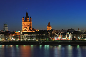 Fototapeta premium Church of St. Martin in Cologne. Night Quay in Cologne. View of the Church of St. Martin.