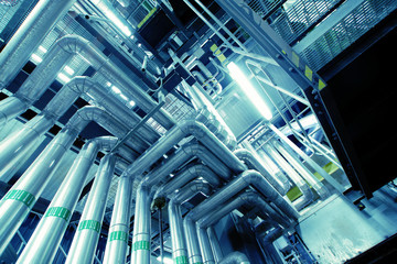 Obraz premium Industrial zone, Steel pipelines, valves and cables