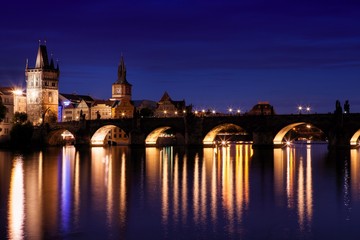 Charles Bridge at night in Prague, Czech Republic