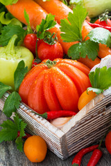 harvest seasonal vegetables in a wooden box, vertical