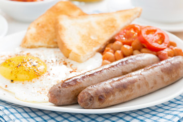 traditional English breakfast with sausages, selective focus