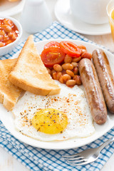 traditional English breakfast with sausages, vertical