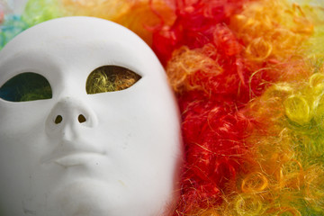 colorful rainbow wig and venice carnival mask