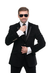 Stylish bodyguard with sunglasses. Isolated over white backgroun