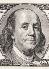 Close-up portrait of Benjamin Franklin in front of the one hundr - obrazy, fototapety, plakaty