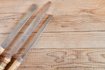 Set of files on wooden background