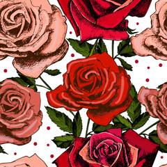 pattern with beautiful roses on a white background (hand draw)