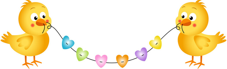 Couple chicks holding a piece of string with hearts