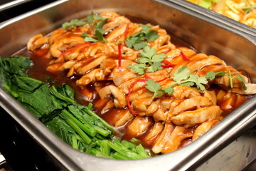 food in dish  pepper sauce ontop