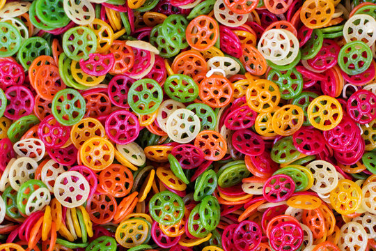 Background of colorful pasta as texture, close-up.