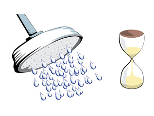 Cartoon illustration of shower head and a sand timer