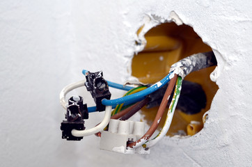 Closeup detail of electrical cable from the socket boxes