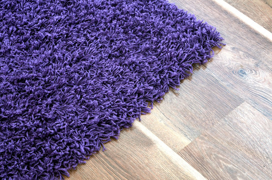 Purple shaggy carpet on brown wooden floor