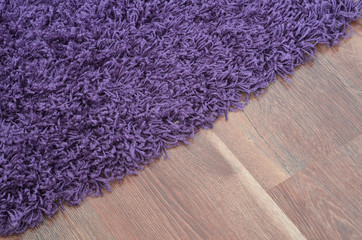 Purple shaggy carpet on brown wooden floor