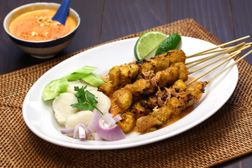 chicken satay with peanut sauce, indonesian skewer cuisine