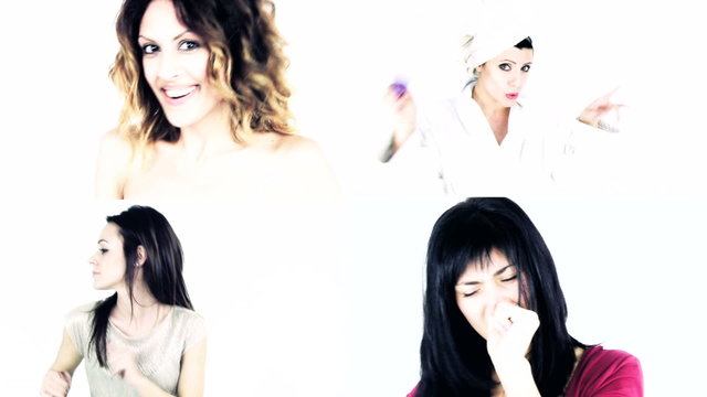 Four happy women dancing split screen montage