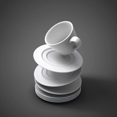 3d illustration falling cups and saucers