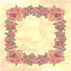 Vintage frame of watercolor pink roses on yellow background