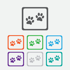 Paw sign icon. Dog pets steps symbol. Round squares buttons with