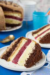 Biscuit cake with vanilla and chocolate cream and cherry jelly