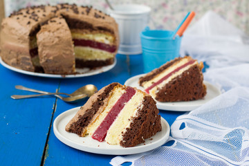 Biscuit cake with vanilla and chocolate cream and cherry jelly