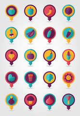 Vegetable mapping pins icons with long shadow