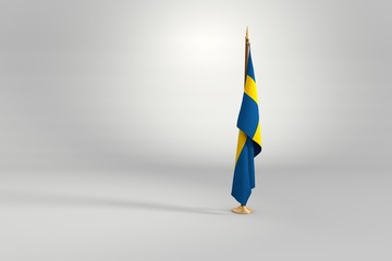 Sweden flag on a brown and golden wooden mast 3d illustration