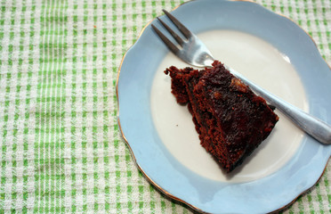Chocolate cake on a porcelain plate