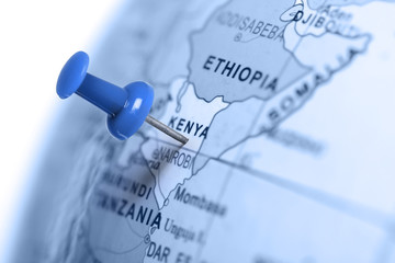 Naklejka premium Location Kenya. Blue pin on the map.