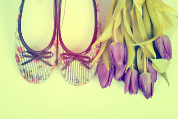 Purple tulips and retro styled shoes